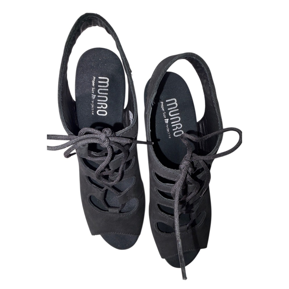 Munro Jillie Black Nubuck‎ Ghillie Lace Up Slingback Block Heel Sandals 8N